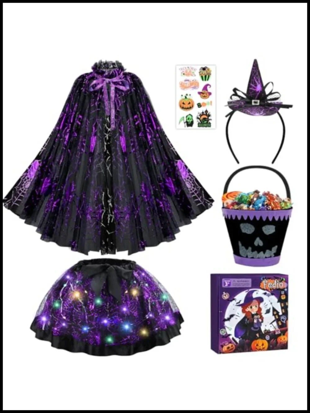 Girls Spider Witch Halloween Costume Set with Light Up Tutu Cape and Trick or